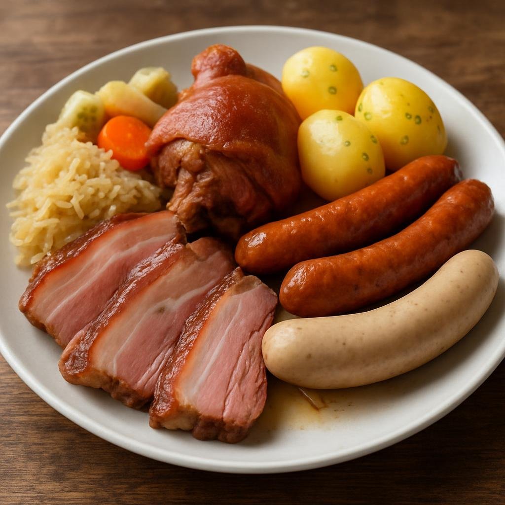 Entree: Switzerland – German Swiss – Berner Platte (Hearty communal platter of boiled and smoked meats and sausages served with preserved vegetables and potatoes) recipe