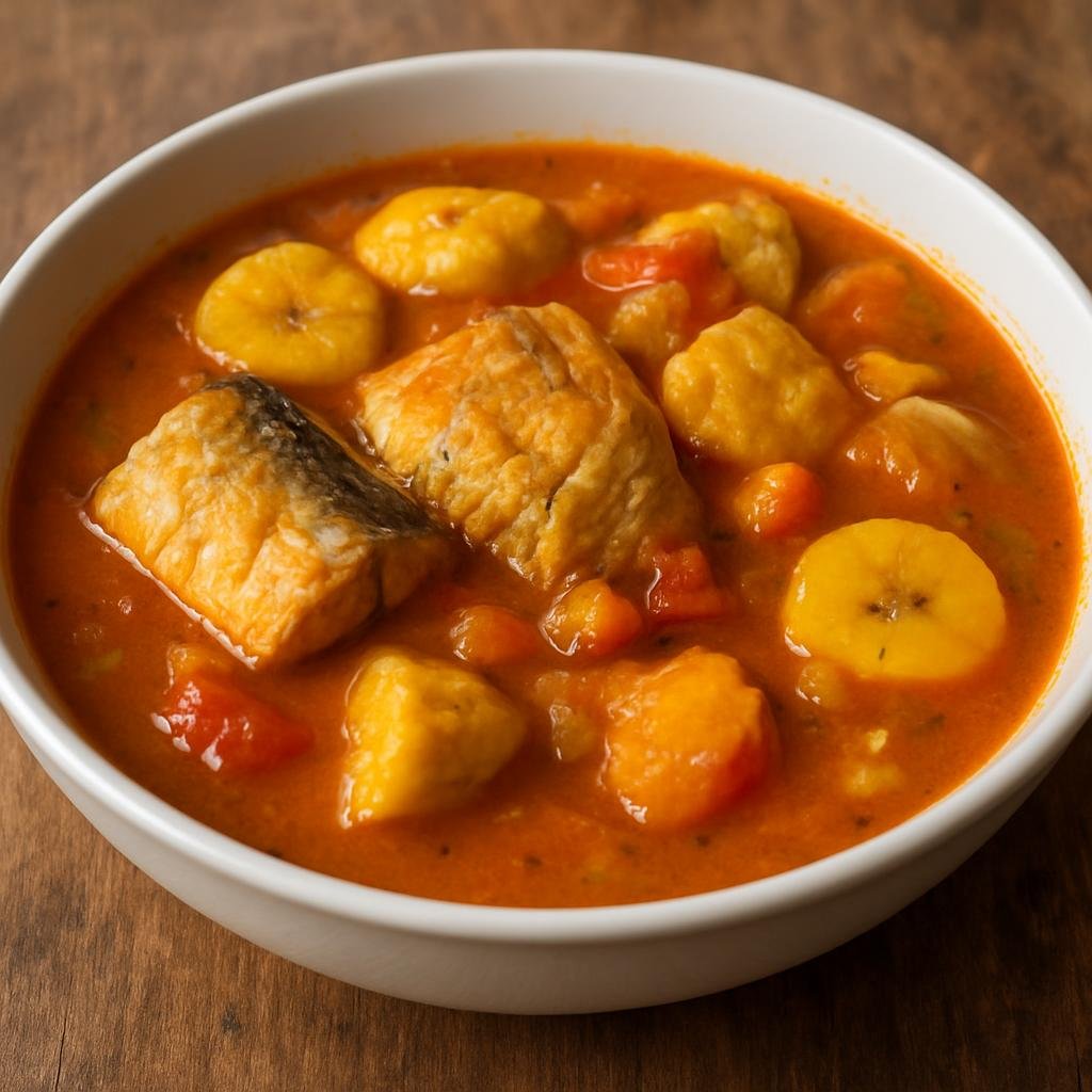 Entree: Equatorial Guinea – Northern Culinary Region – Sopa de Pescado (Hearty coastal fish soup with tomatoes, plantain, and local spices) recipe