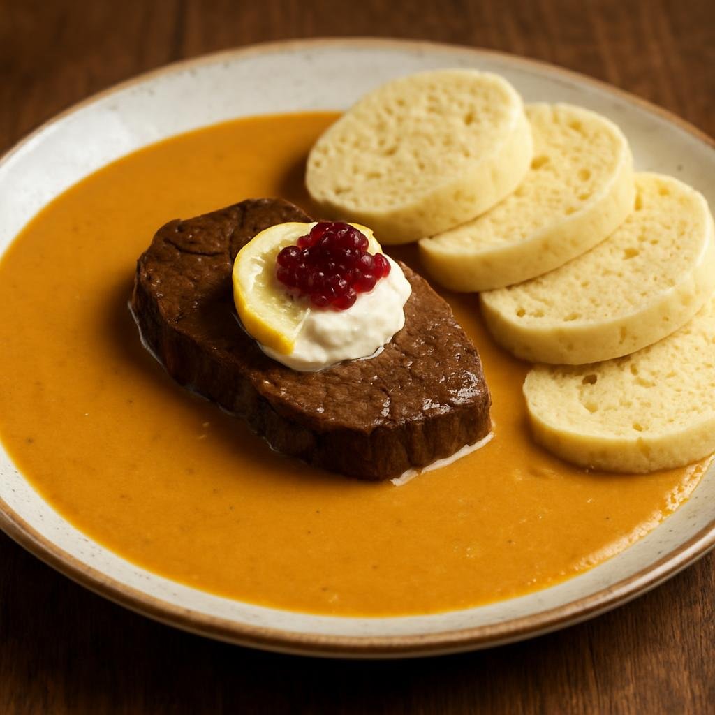 Entree: Czechia – Moravia – Svíčková na smetaně (Braised beef sirloin in a creamy, pureed root-vegetable sauce, finished with cream and served with bread dumplings) recipe