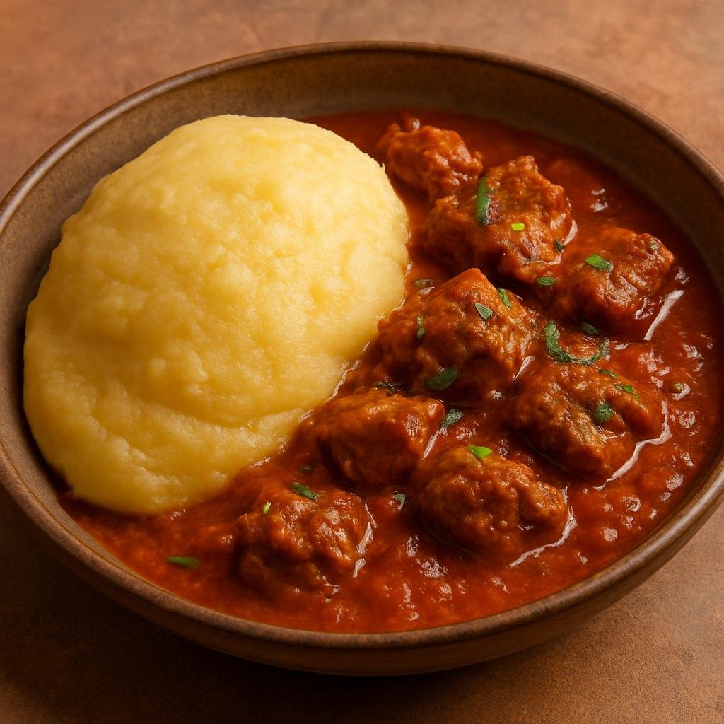 Entree: Cote d'Ivoire – Northern Culinary Region – Foutou Banane (A dense, starchy mashed plantain dough traditionally served with a savory meat or peanut stew) recipe