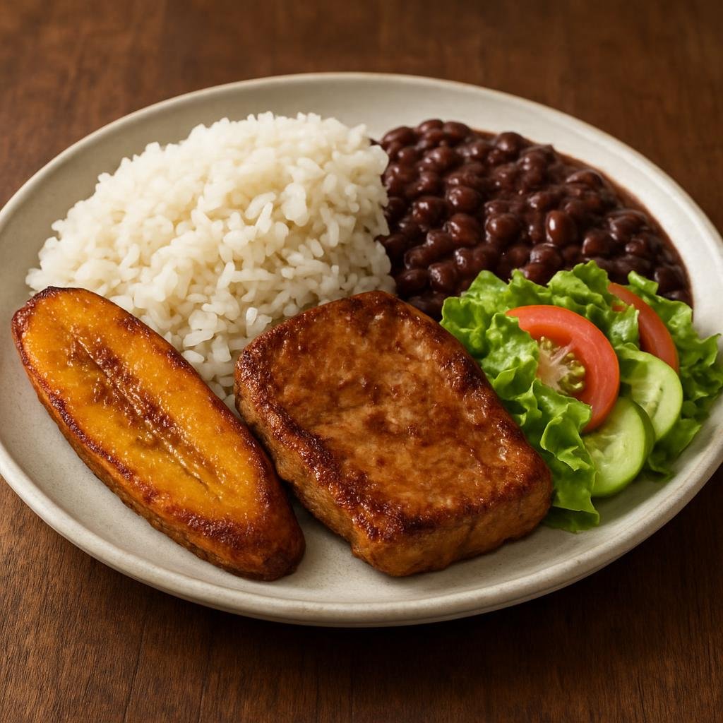 Entree: Costa Rica – Northern Culinary Region – Casado (A traditional Costa Rican plate of rice, beans, fried plantain, salad and a protein served together) recipe