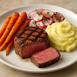 Entree: United States – Grilled Filet Mignon with Roasted Carrots, Warm Radish Salad, and Milk-Whipped Yukon Gold Potatoes recipe