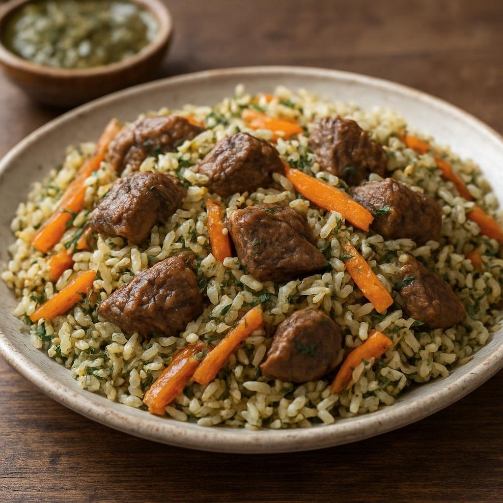Entree: Uzbekistan – Khiva / Khorezm – Shivit Oshi (Dill-scented Uzbek rice pilaf with tender lamb and carrots) recipe
