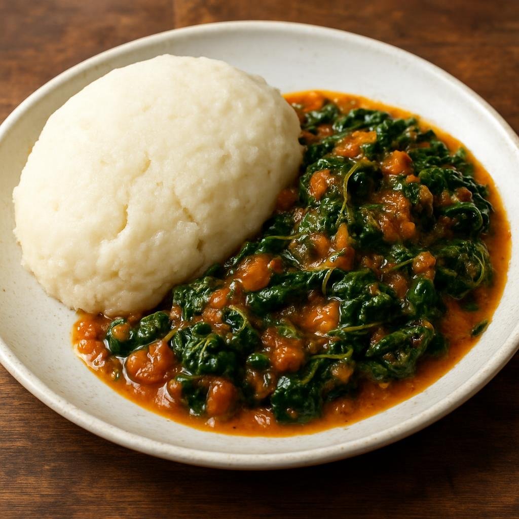 Entree: Tanzania – Northern Tanzania – Ugali na Mchicha (Stiff cornmeal porridge served with a sauté of leafy greens in a savory peanut-tomato sauce) recipe