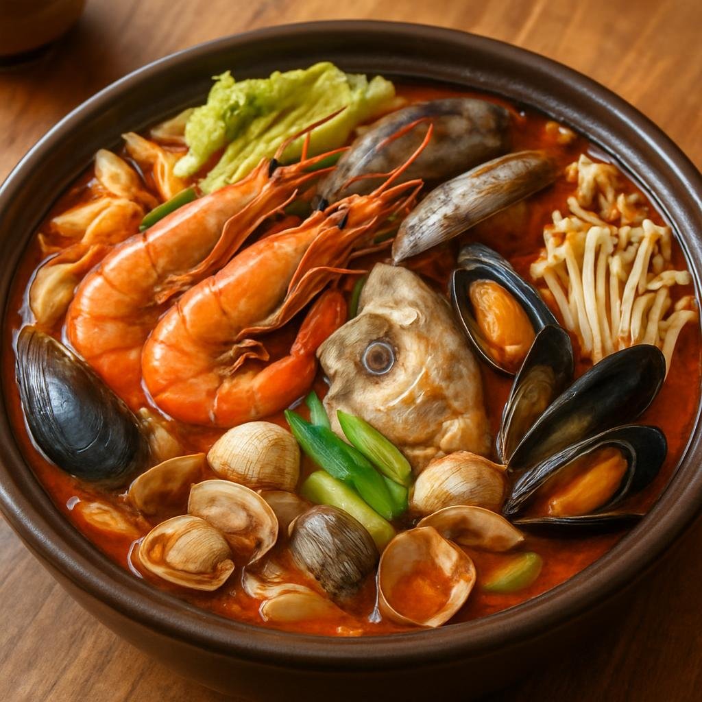 Entree: South Korea – Jeju – 해물전골 ➤ Haemul jeongol (Spicy Korean seafood hot pot of mixed shellfish, fish, and vegetables simmered in a savory, chili-flavored broth) recipe