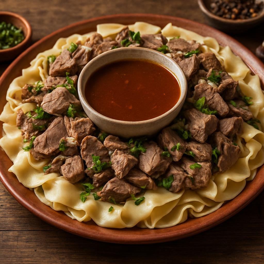 Entree: Kyrgyzstan – National Cuisine – бешбармак Beshbarmak (Boiled meat with wide noodles) recipe