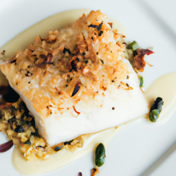 Entrée: United States – Pan-Seared Halibut with Almond Crust recipe