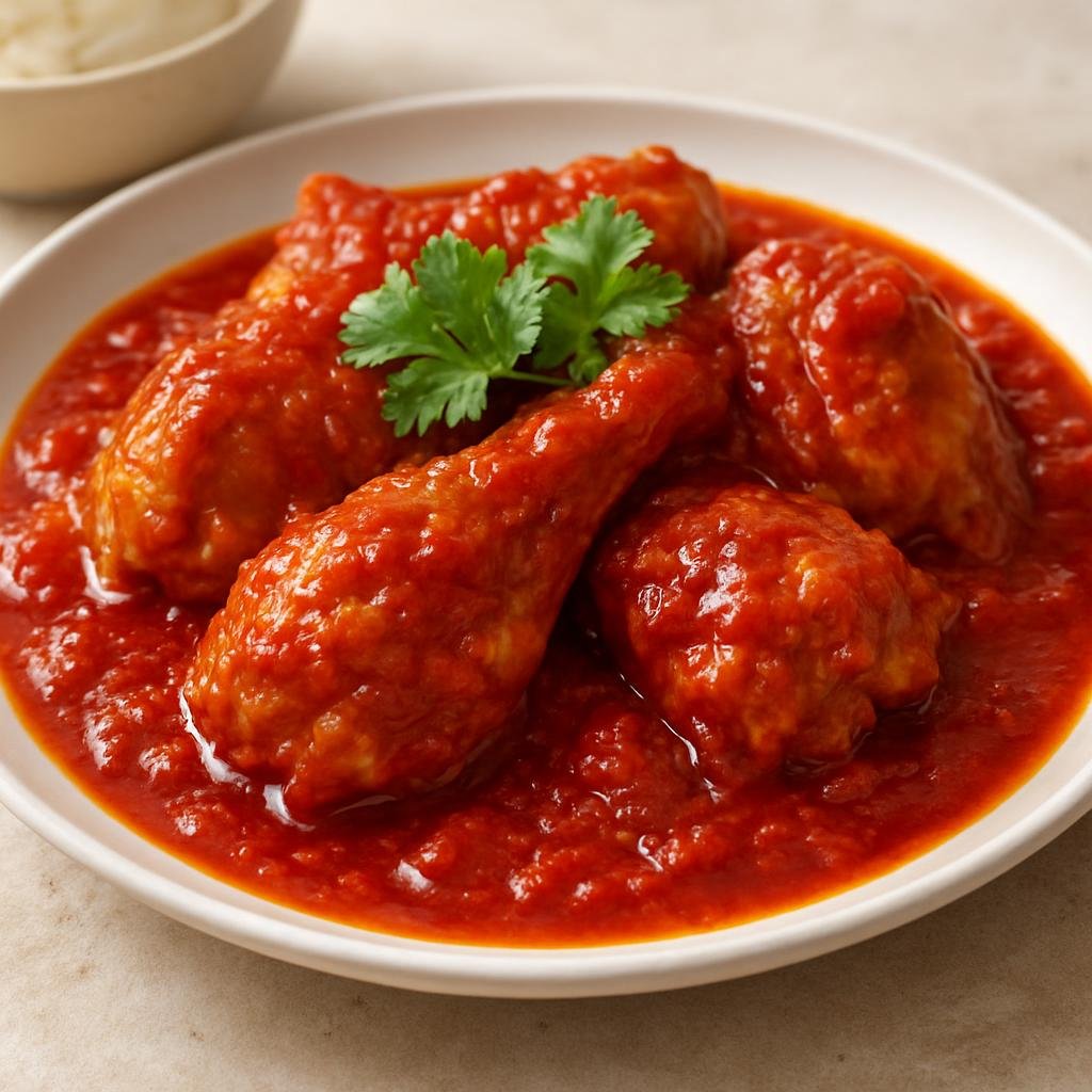 Entree: Singapore – Malay Singapore – Ayam Masak Merah (Chicken braised in a sweet-spicy red tomato and chili sauce) recipe
