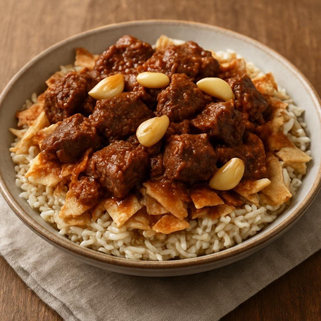 Entree: Egypt – Alexandria & Mediterranean – فتّة ➤ Fattah (Layered rice and bread with meat and garlic–vinegar sauce) recipe