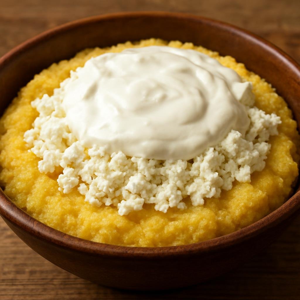 Entree: Romania – Moldavia – Mămăligă cu Brânză și Smântână (Thick Romanian cornmeal porridge layered with salty brined cheese and rich sour cream) recipe