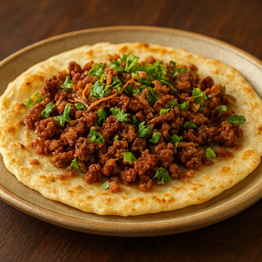 Entree: Nepal – Newari Cuisine – चटामरी ➤ Chatamari (Newari rice-flour crepe topped with spiced ground meat and aromatics, served like a savory flatbread) recipe