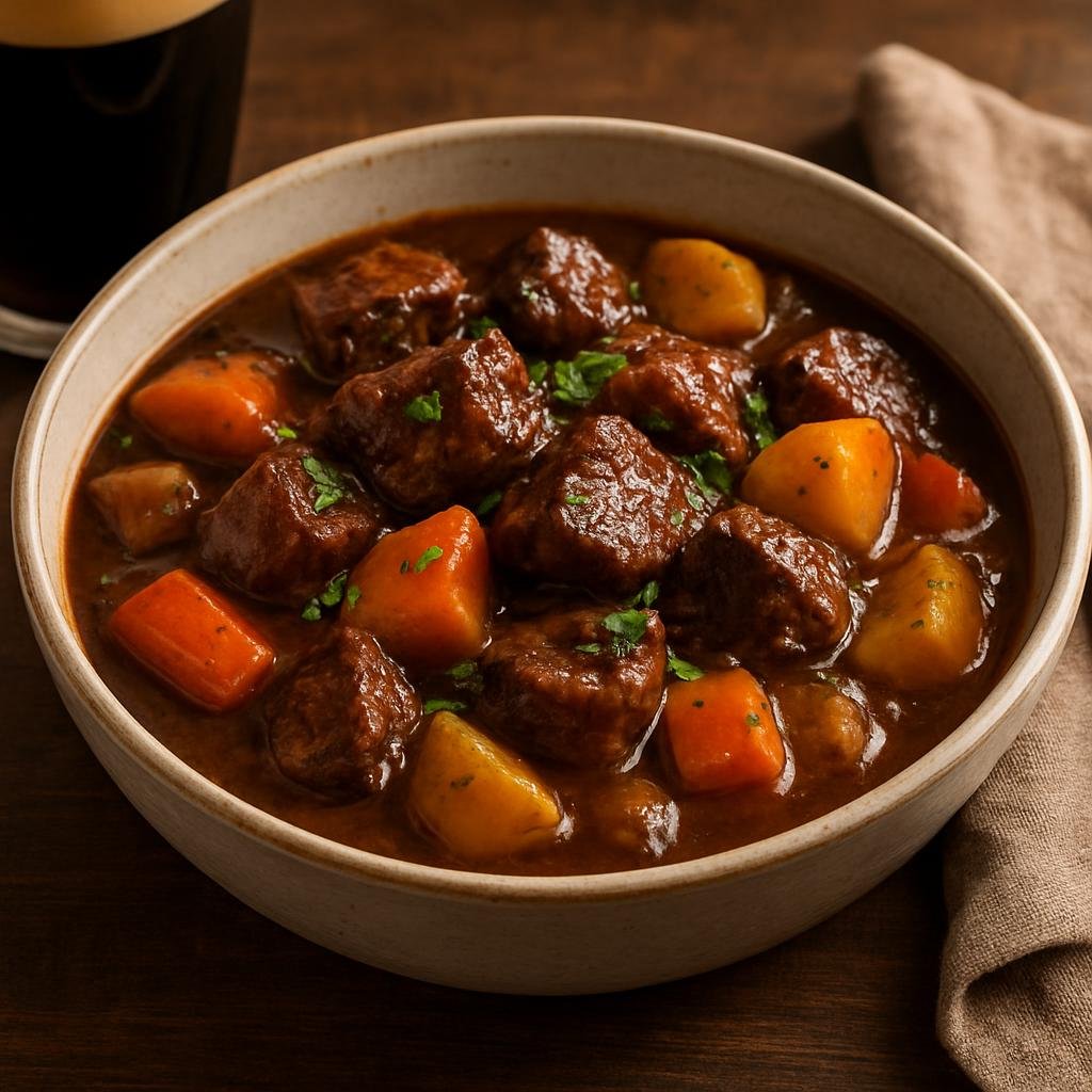 Entree: Ireland – Irish Pub Classics – Guinness Beef Stew (Slow-braised Irish beef stew enriched with Guinness stout and root vegetables) recipe
