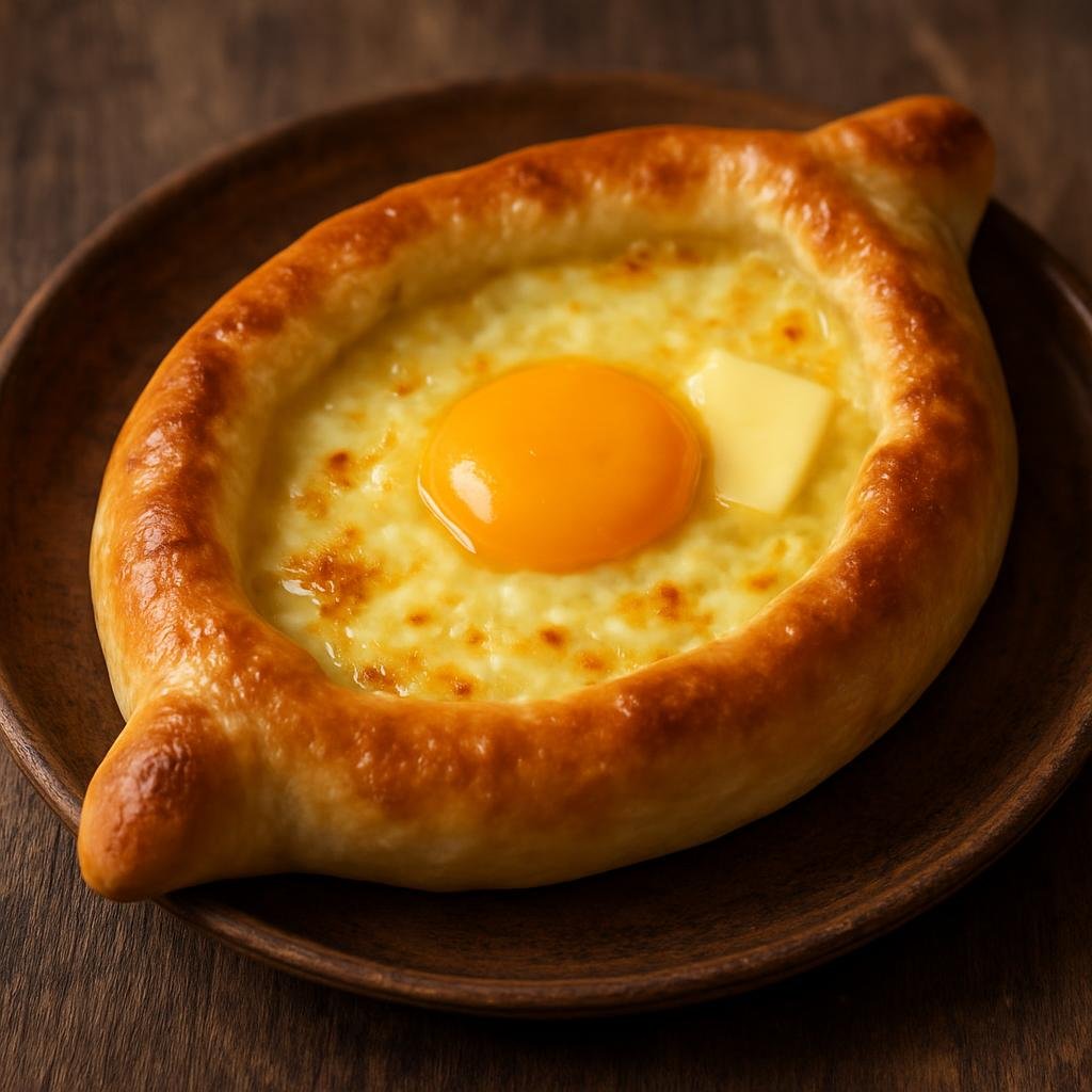 Entree: Georgia – Kakheti – ხაჭაპური ➤ khachapuri (Yeasted cheese-filled bread with a soft center often finished with an egg and butter) recipe