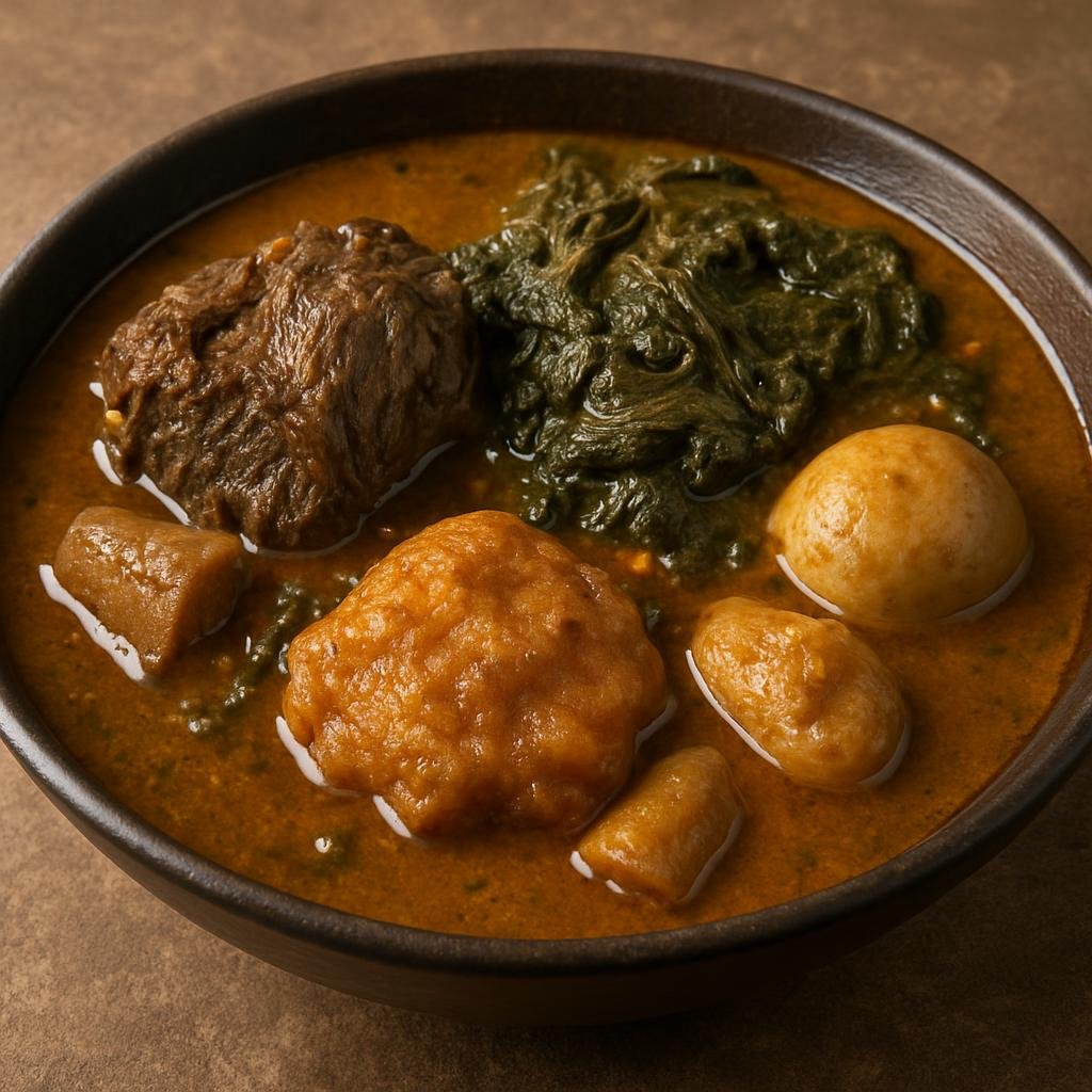 Entree: Equatorial Guinea – Central Culinary Region – Mbanga Soup (Palm nut soup with fish and greens) recipe