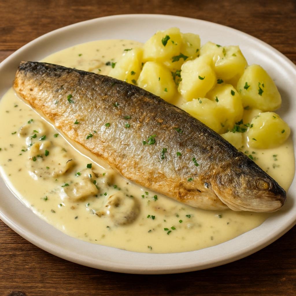 Entree: Luxembourg – National Cuisine – F'rell Am Rèisleck (Trout gently cooked in a Riesling wine and cream sauce) recipe