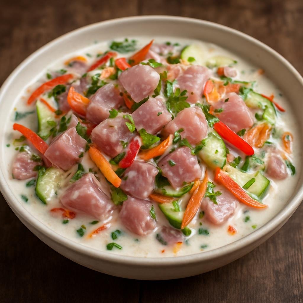 Entree: New Caledonia – National Cuisine – Poisson Cru à la Tahitienne (Tahitian-style raw fish marinated in citrus then finished with coconut milk and fresh vegetables) recipe