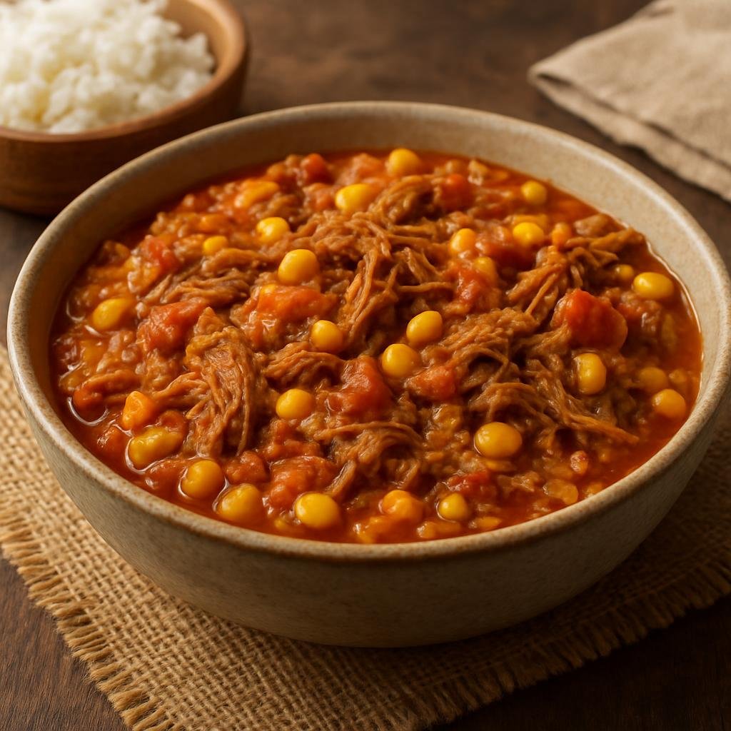 Entree: Nicaragua – National Cuisine – Indio Viejo (Hearty Nicaraguan shredded beef stew cooked with corn masa, tomatoes, onions, and achiote) recipe