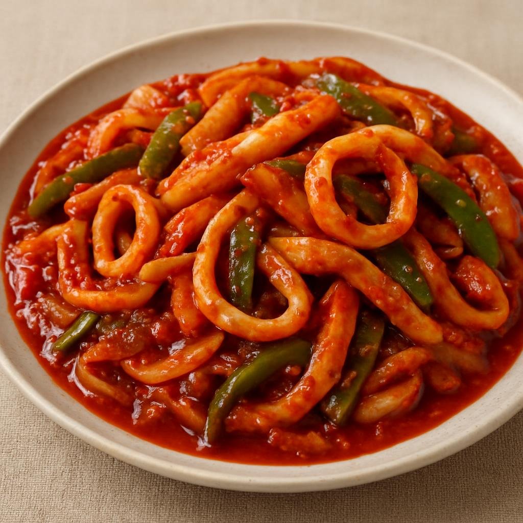 Entree: North Korea – North Korean Coastal Cuisine – 오징어볶음 ➤ Ojingeo-bokkeum (Spicy stir-fried squid with vegetables in a Korean red chili sauce) recipe