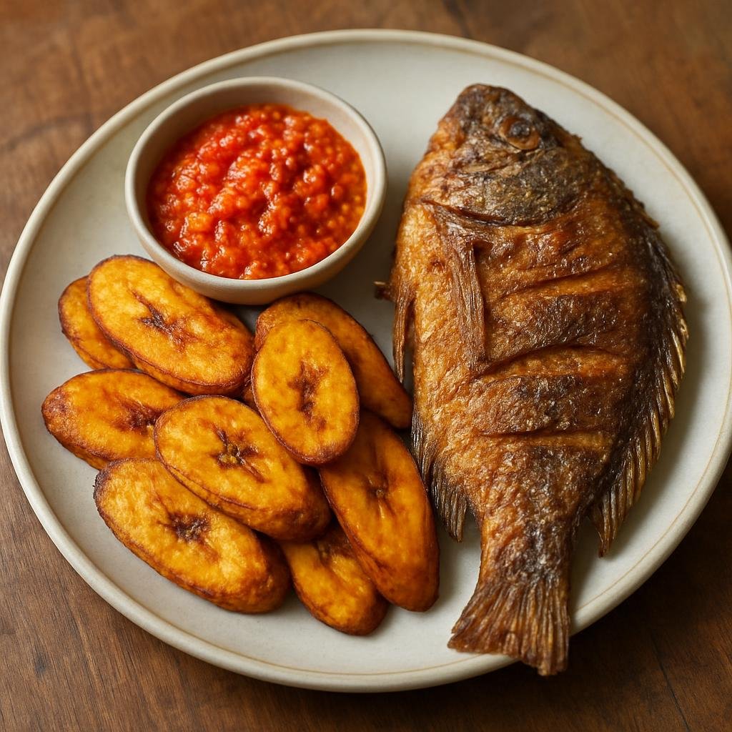 Entree: Sierra Leone – National Cuisine – Fried Fish and Plantains (Crispy fried whole fish served with sweet fried ripe plantains and a fresh spicy pepper sauce) recipe