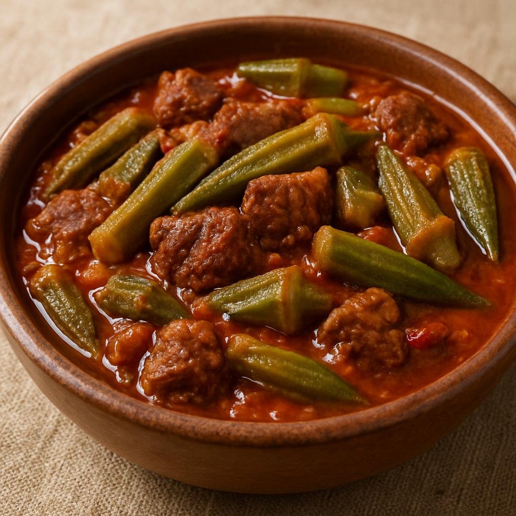 Entree: South Sudan – National Cuisine – Bamia (A hearty okra and meat stew simmered in tomato and aromatic spices) recipe