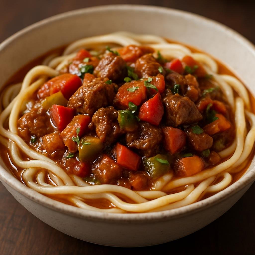 Entree: Tajikistan – National Cuisine – Лагман ➤ Lagman (Hand-pulled wheat noodles served with a savory spiced meat and vegetable sauce in a light broth) recipe
