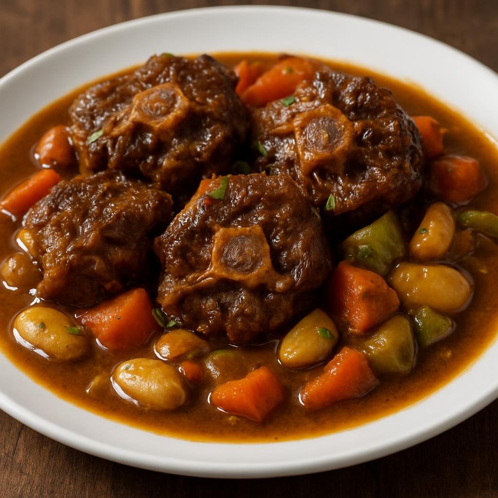 Entree: Trinidad and Tobago – National Cuisine – Stewed Oxtail (Slow-braised oxtail in a rich Caribbean-spiced brown gravy with vegetables and butter beans) recipe