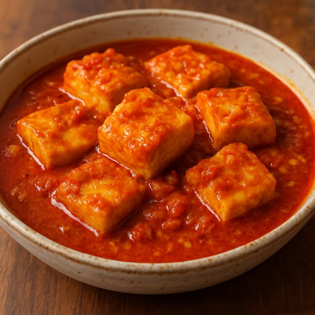 Entree: Benin – Wagasi Cheese with Sauce (West African cow-milk cheese simmered in a spicy tomato and palm-oil sauce) recipe
