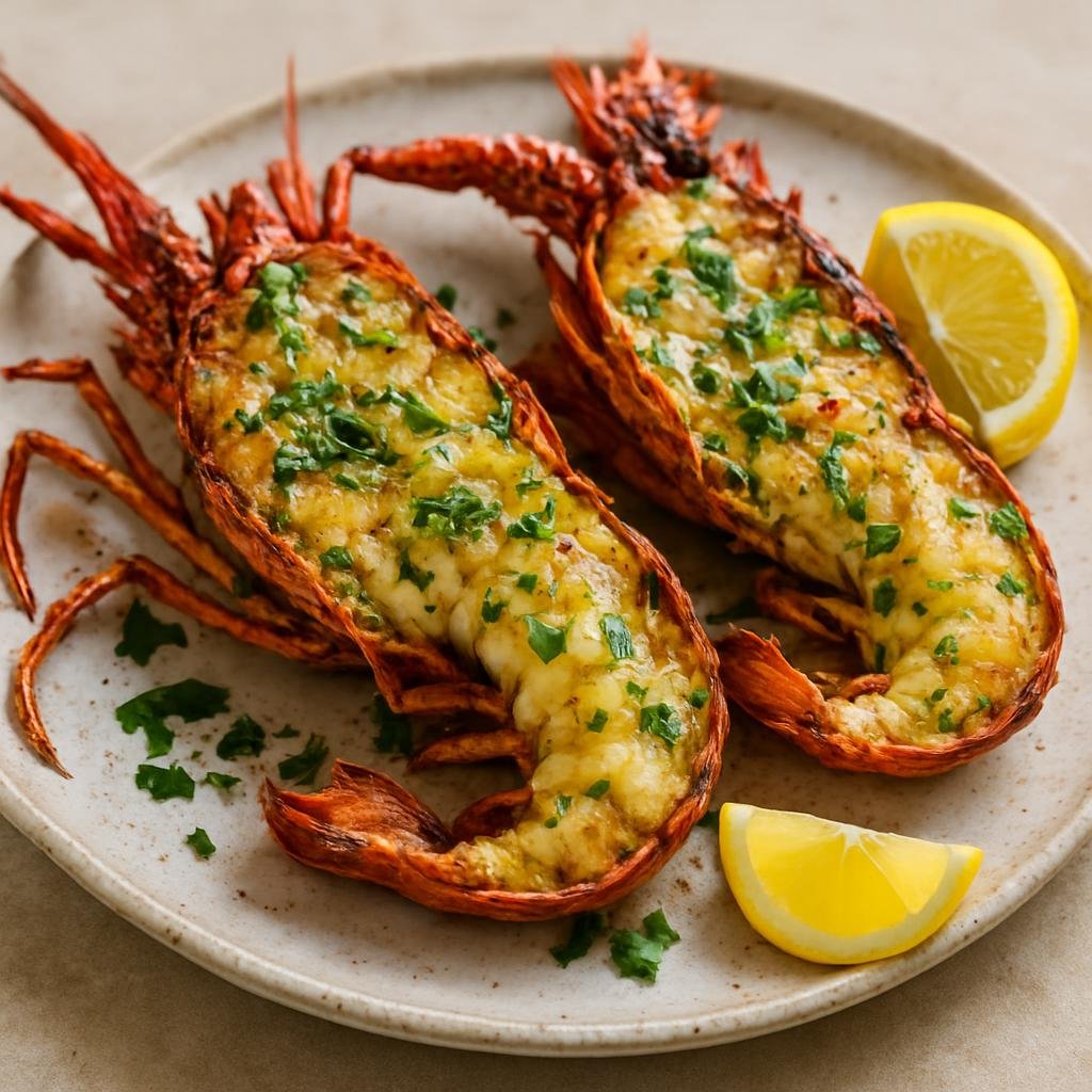 Entree: Bermuda – Spiny Lobster (Bermuda spiny lobster broiled and finished with garlic-herb butter and lemon) recipe