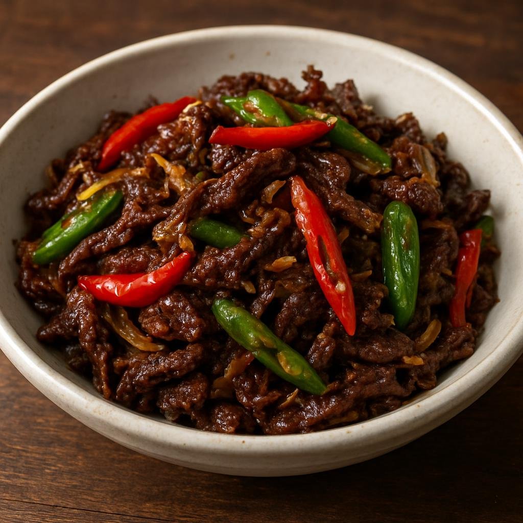 Entree: Bhutan – Shakam Paa (Stir-fried dried beef with chilies, aromatics, and simple seasonings) recipe