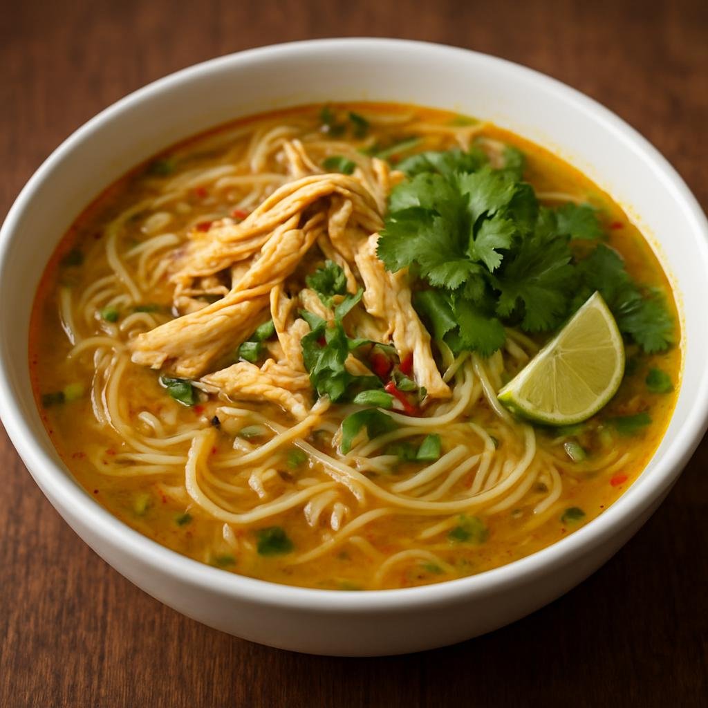 Entree: Brunei – Soto Brunei (Bruneian spiced chicken soup with rice noodles and aromatic herbs) recipe