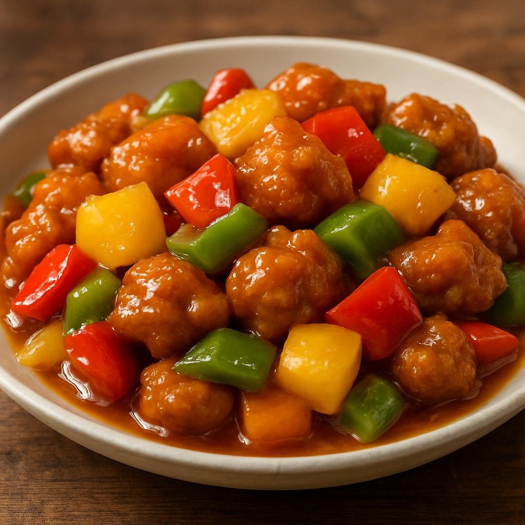 Entree: Christmas Island – Central Culinary Region – Sweet and Sour Pork (Deep-fried pork pieces tossed in a glossy sweet and tangy sauce with bell peppers and pineapple) recipe
