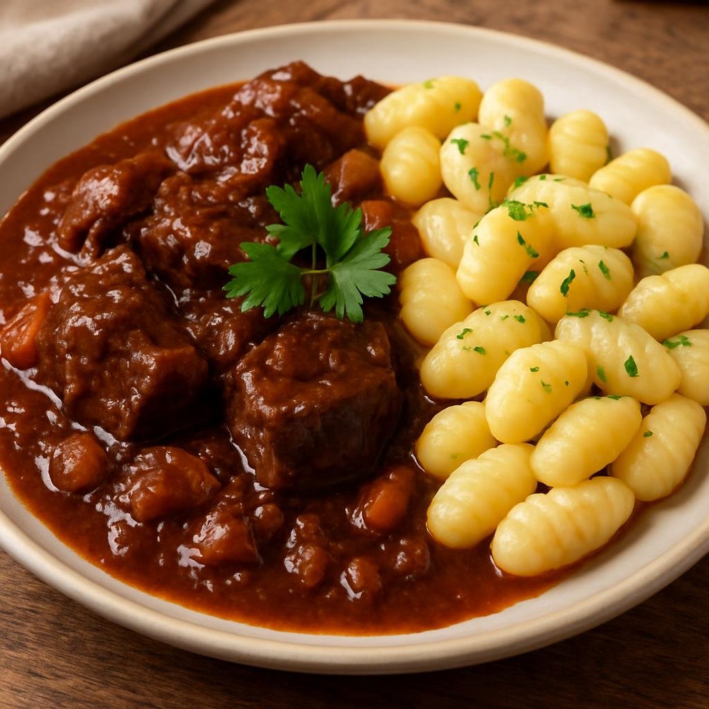 Entree: Croatia – Central Culinary Region – Pašticada (Slow-braised Dalmatian beef in a sweet-sour spiced sauce traditionally served with pasta or gnocchi) recipe