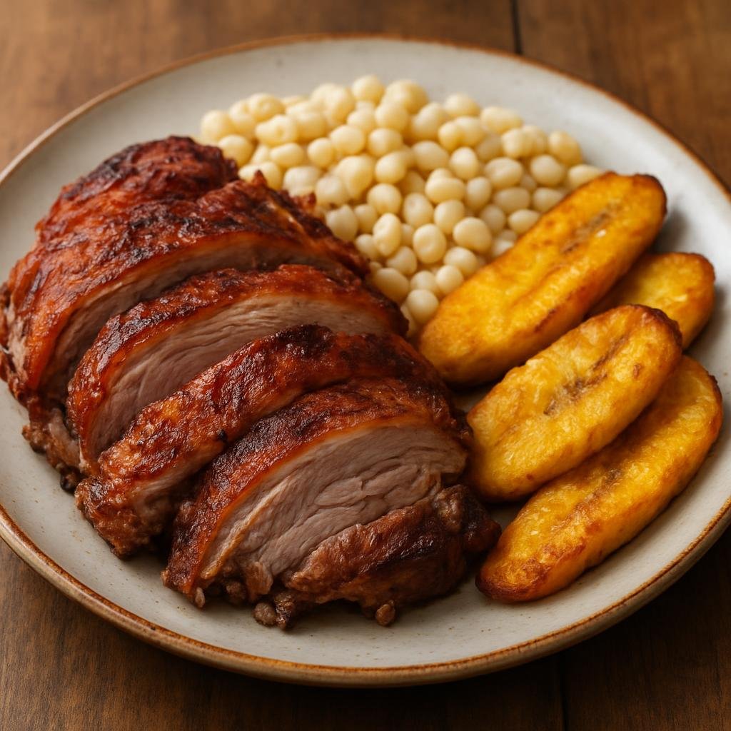 Entree: Ecuador – Central Culinary Region – Hornado (Slow-roasted pork shoulder seasoned with garlic, cumin, and annatto, traditionally served with mote and fried plantains) recipe