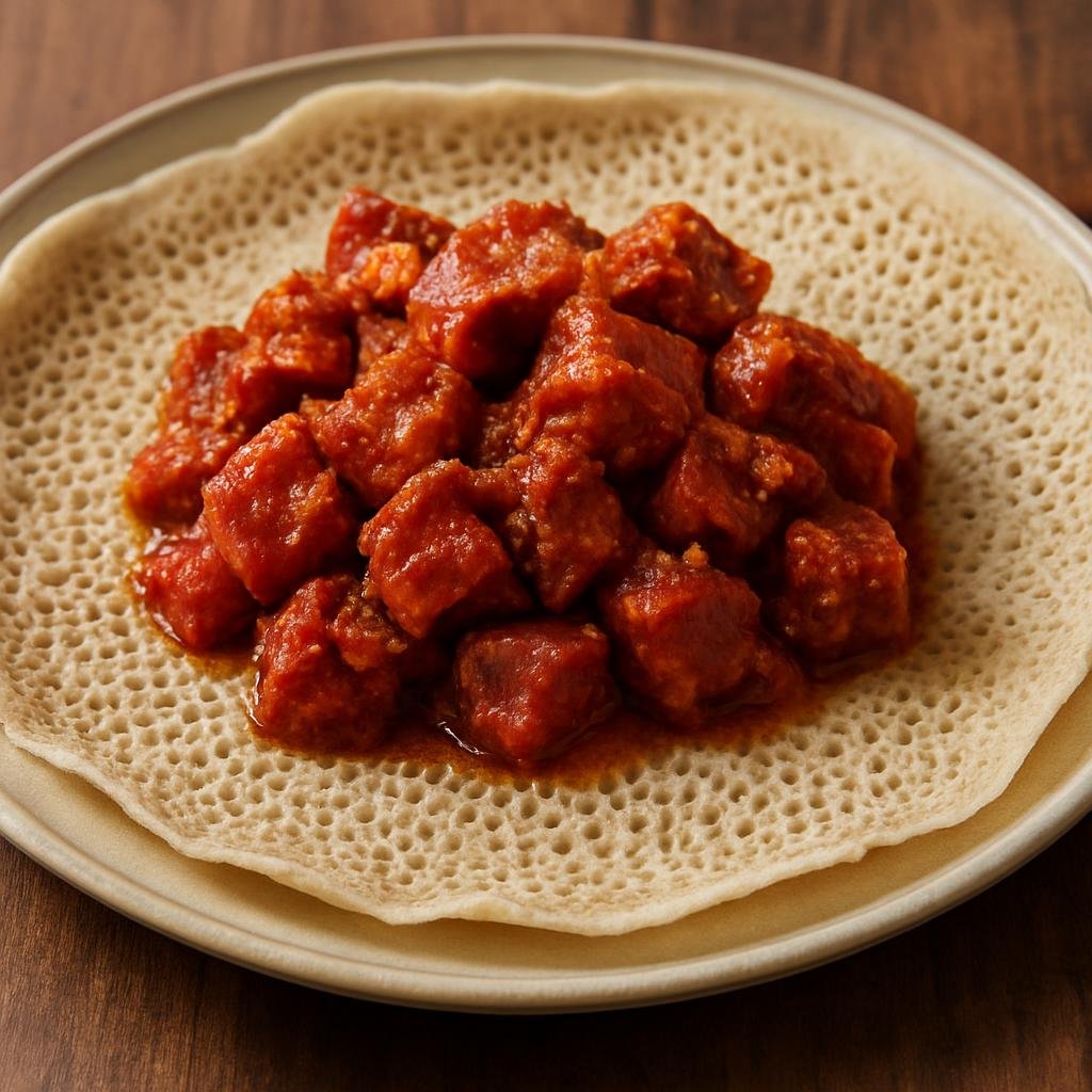 Entree: Eritrea – Central Culinary Region – Gored Gored (Cubed raw beef tossed in spiced clarified butter and berbere, served with injera) recipe