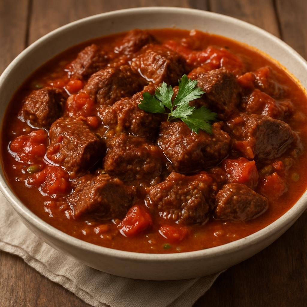 Entree: Gabon – Central Culinary Region – Ragoût de Viande (Hearty braised beef stew with tomatoes, aromatics, and a rich savory sauce) recipe