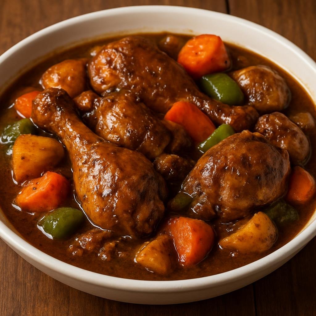 Entree: Jamaica – Brown Stew Chicken (Jamaican chicken stew simmered in a deeply browned, savory-spiced sauce with vegetables) recipe