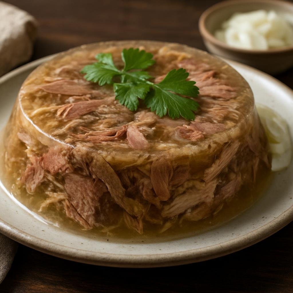 Entree: Latvia – Aukstā gaļa (Chilled jellied meat made from slow-cooked pork and beef set in savory aspic) recipe