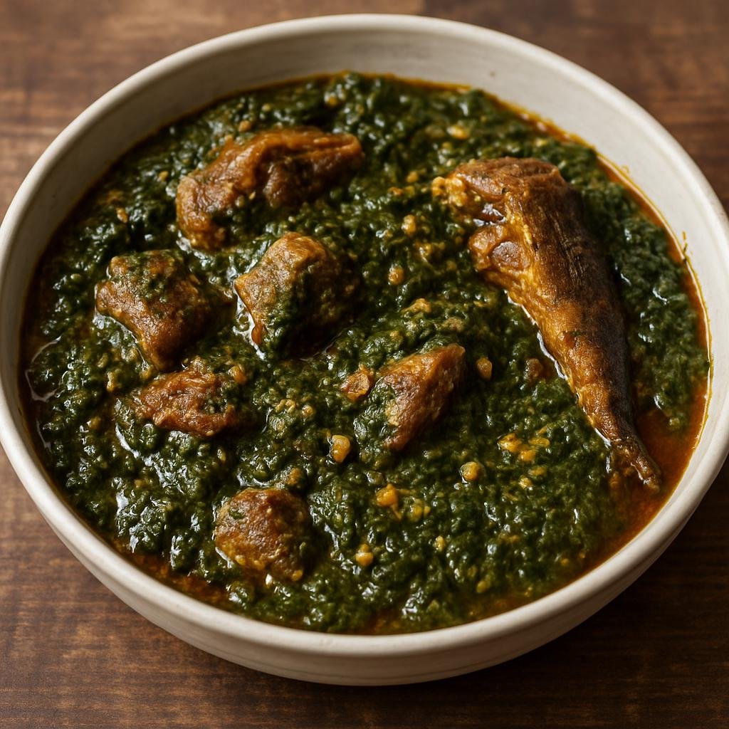 Entree: Liberia – Cassava Leaf (Thick, savory stew of pounded cassava leaves cooked with meat, smoked fish, palm oil, and peanut for richness) recipe