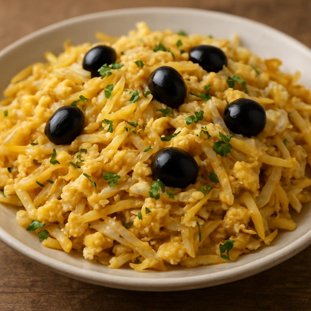 Entree: Macau – Bacalhau à Brás (Salted cod shredded and cooked with thin fried potatoes and scrambled eggs, finished with olives and parsley) recipe