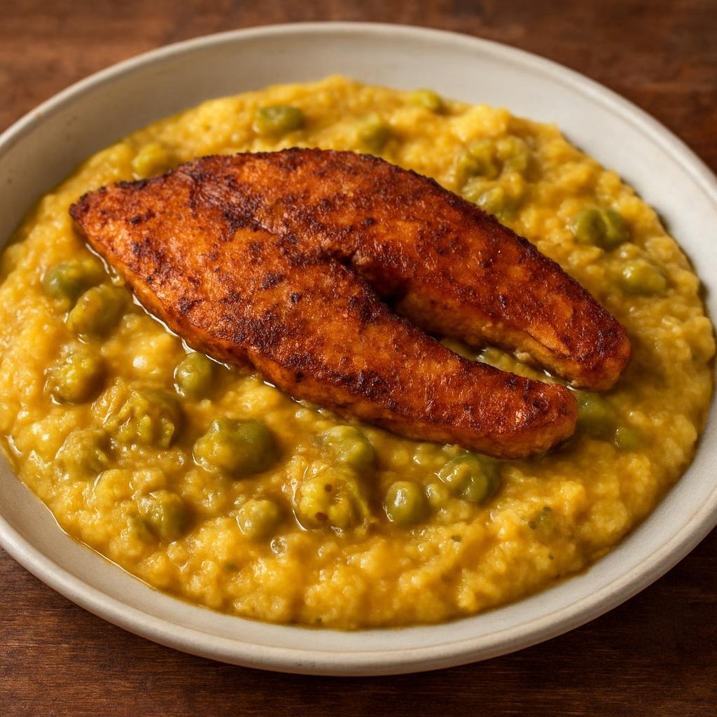Entree: Montserrat – Fish and Fungi (Caribbean main course of seasoned pan-fried fish served over a thick cornmeal and okra porridge) recipe