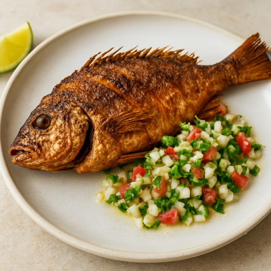 Entree: Nauru – Fried Reef Fish (Whole reef fish lightly seasoned and pan-fried until crisp, served with a coconut-lime relish) recipe