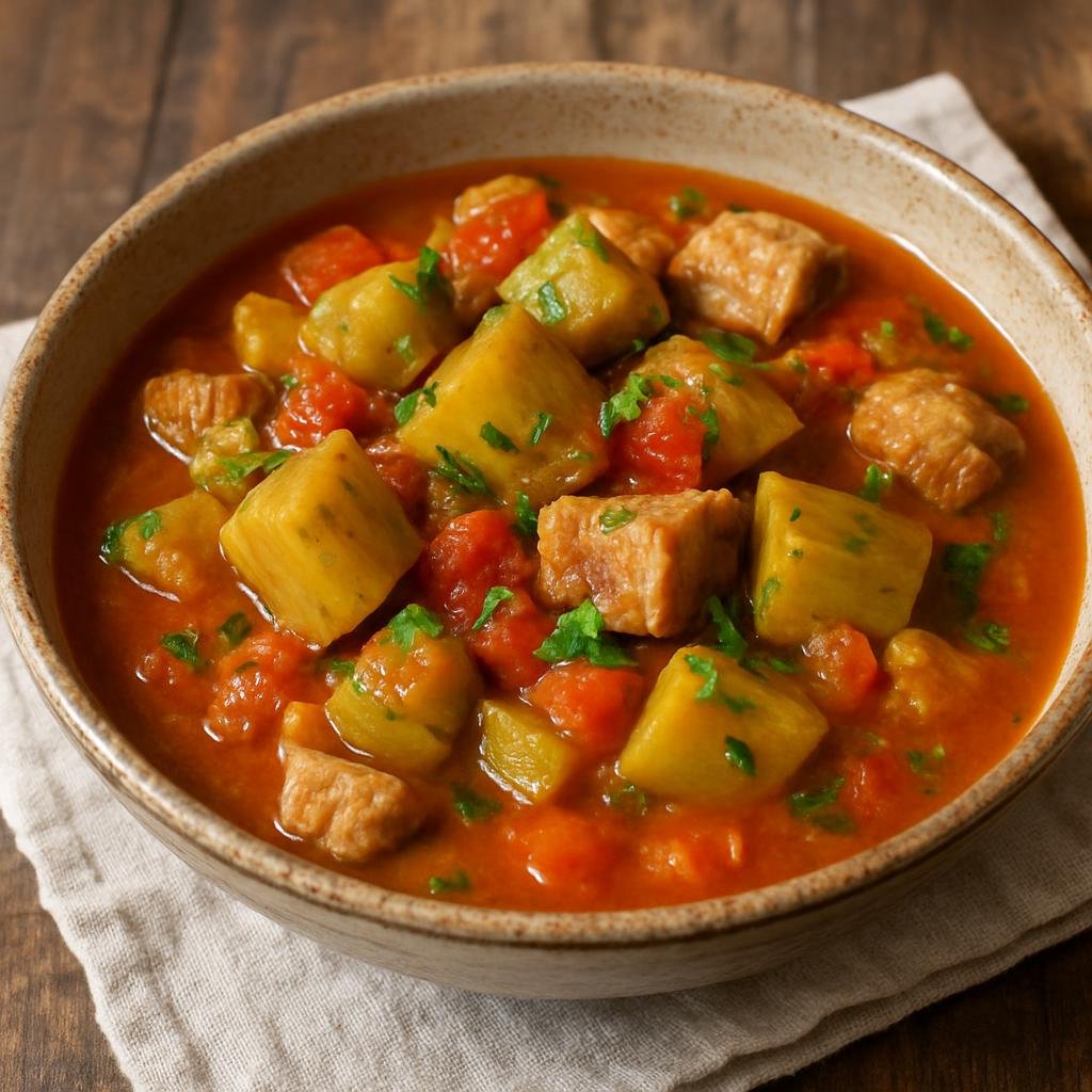 Entree: Norfolk Island – Green Banana Stew (Hearty stew of unripe green bananas simmered with pork, tomatoes, and island aromatics) recipe