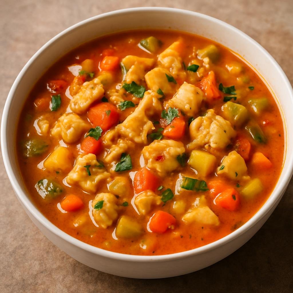 Entree: Saint Kitts and Nevis – Conch Chowder (Hearty Caribbean soup of tender conch simmered with vegetables in a spiced tomato and coconut broth) recipe