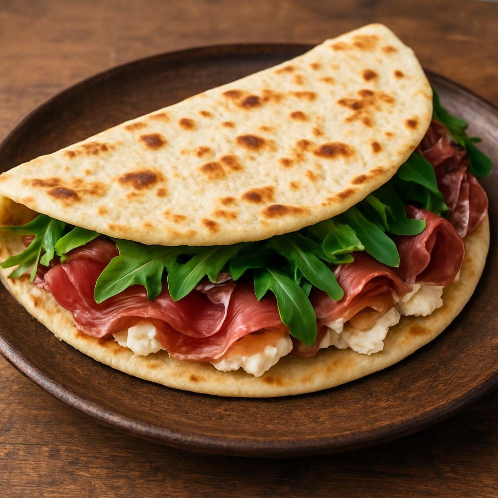 Entree: San Marino – Piadina Sammarinese (Thin Italian-style flatbread folded and filled with cured meats, soft cheese, and greens) recipe