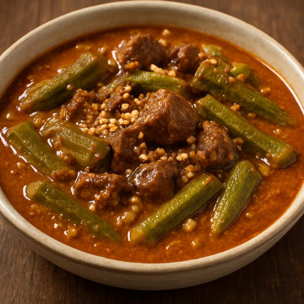 Entree: Sudan – ملاح ➤ Mulāḥ (Hearty Sudanese stew of meat and okra simmered with spices and ground peanuts) recipe
