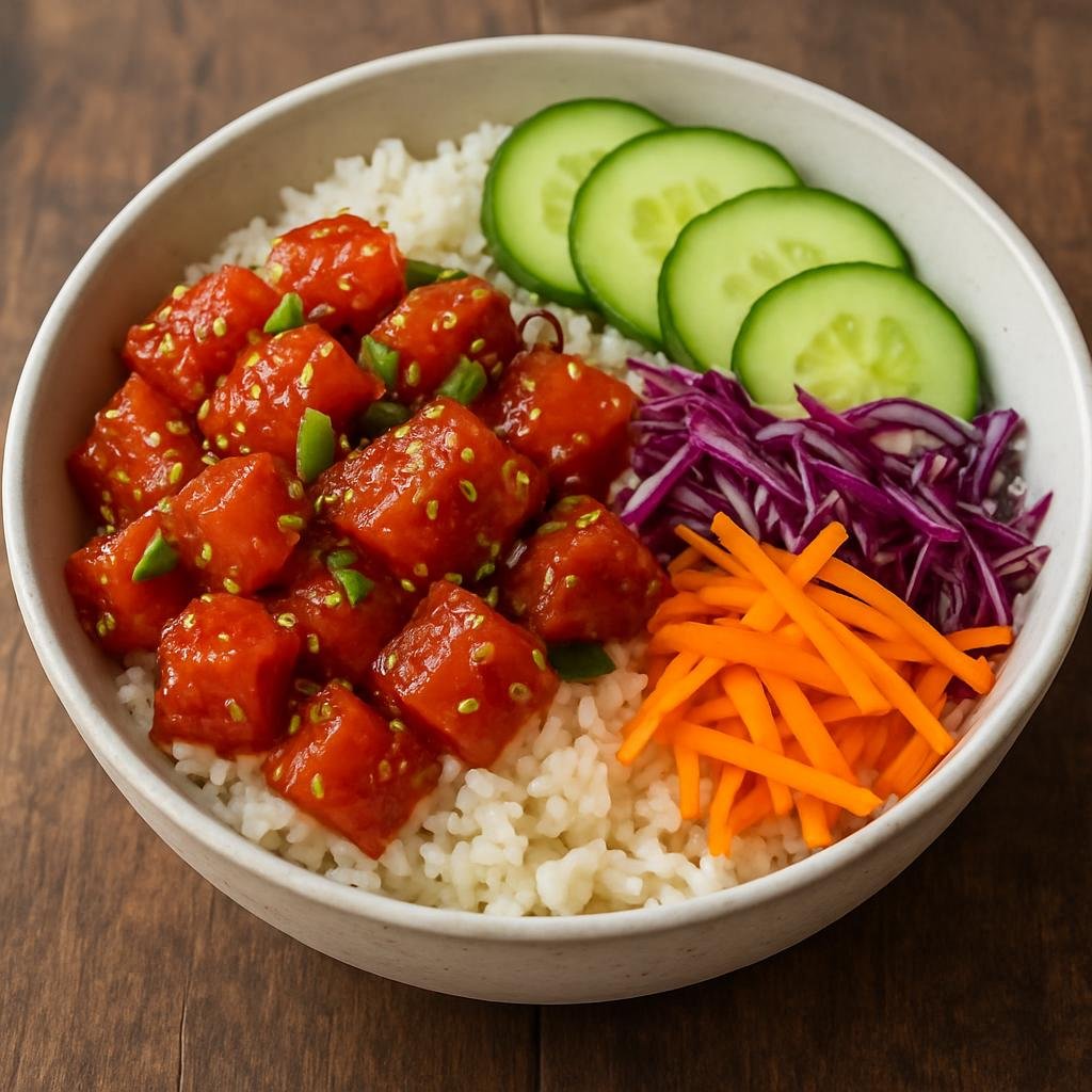 Entree: United States Minor Outlying Islands – Spicy Tuna Poke Bowl (Raw diced tuna marinated in savory-spicy dressing and served over seasoned rice with fresh vegetables) recipe