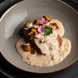Entrée: United States – Pork Chops with Maitake Mushrooms and Gouda Cream Sauce recipe