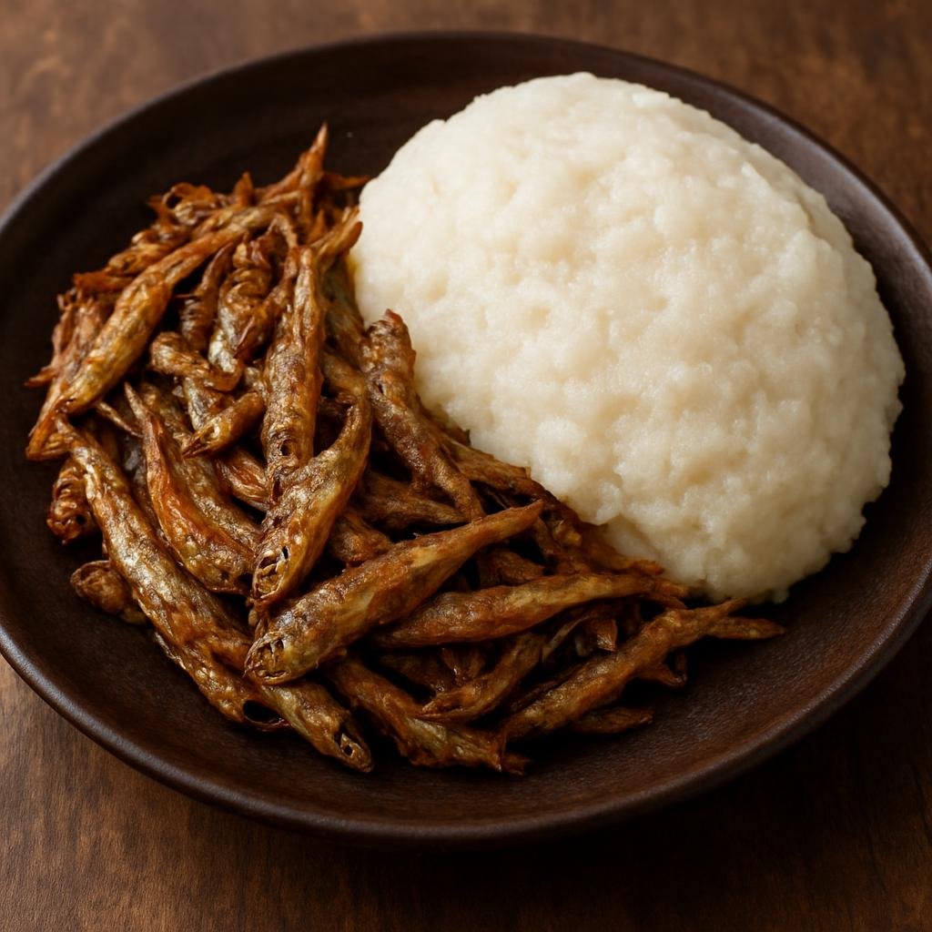 Entree: Zambia – Kapenta with Nshima (Dried small freshwater fish cooked and served with thick maize porridge) recipe