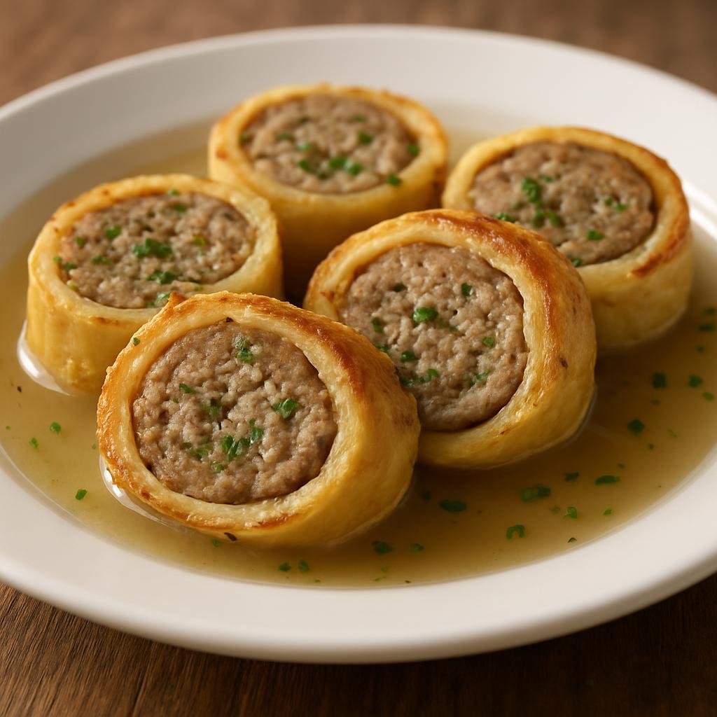 Entree: France – Alsace – Fleischschnacka (Rolled fresh pasta filled with seasoned ground meat, poached in broth, then sliced and pan-browned) recipe