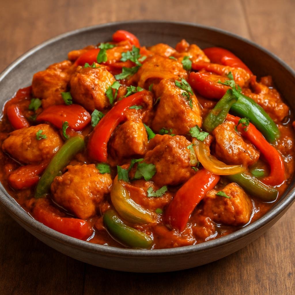Entree: United Kingdom – British Indian Cuisine – Chicken Jalfrezi (Spicy stir-fried chicken curry with peppers and onions) recipe